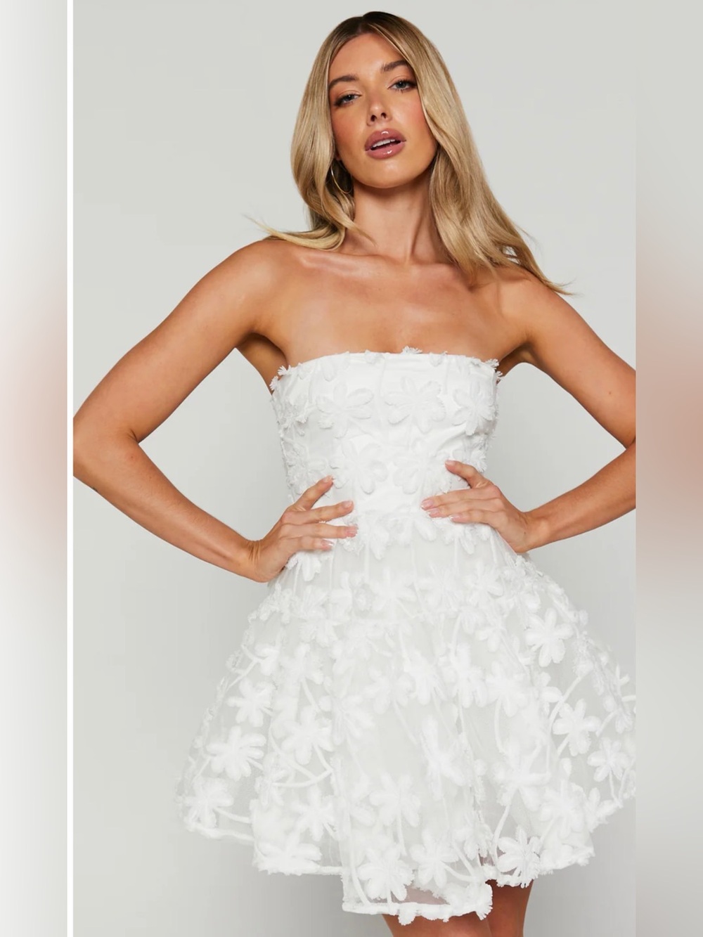 NWT Showpo Angel Biba RHEIVA White Strapless Floral Appliqué Mini Dress
